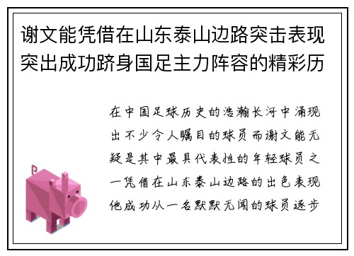 谢文能凭借在山东泰山边路突击表现突出成功跻身国足主力阵容的精彩历程